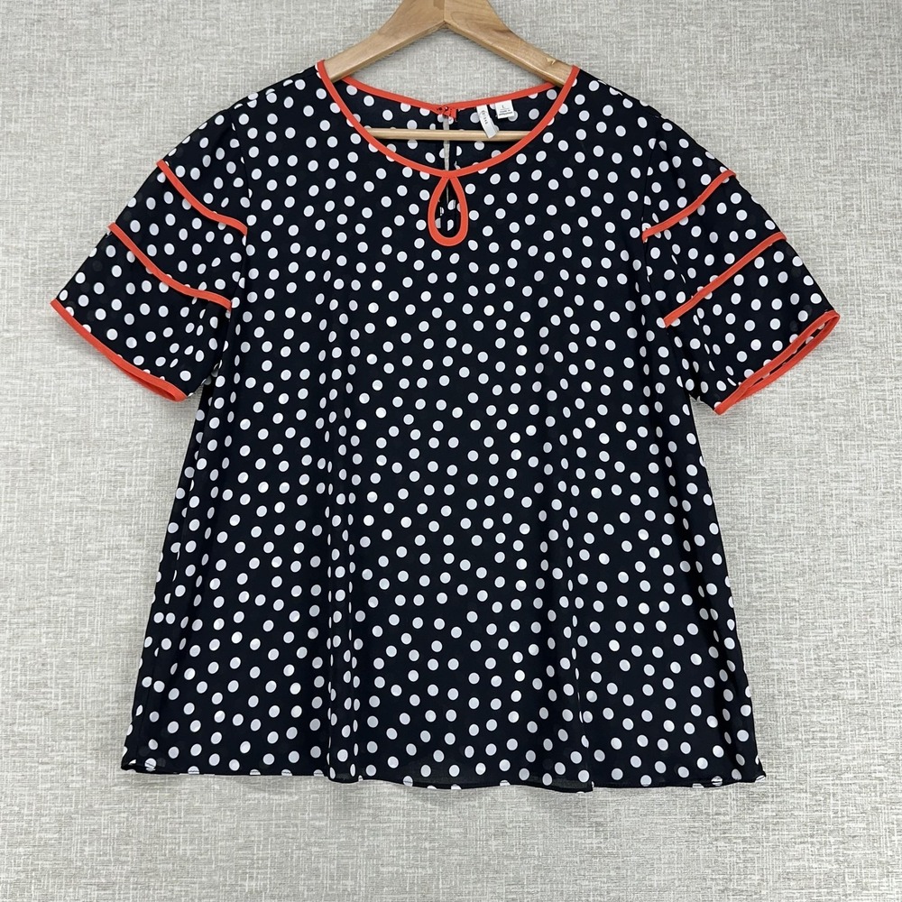 EST. 1946 Blouse Womens Large Black Polka Dot Contrast Trim Short Sleeve Chiffon